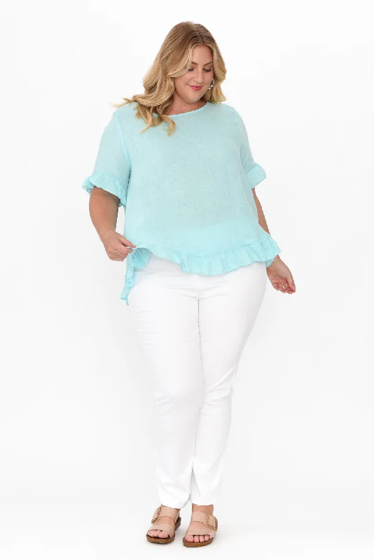 genevieve-aqua-linen-frill-top