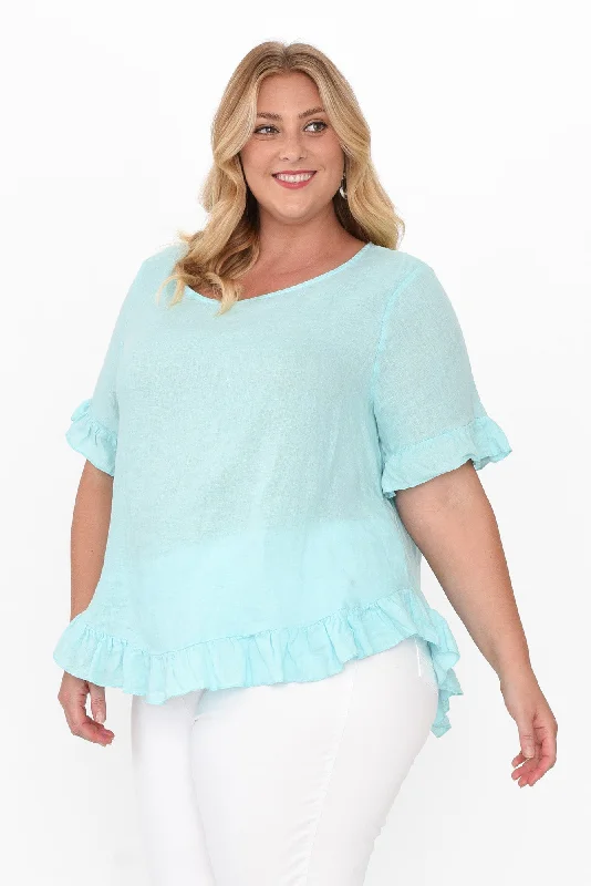 genevieve-aqua-linen-frill-top