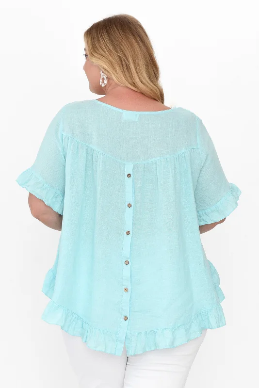 genevieve-aqua-linen-frill-top