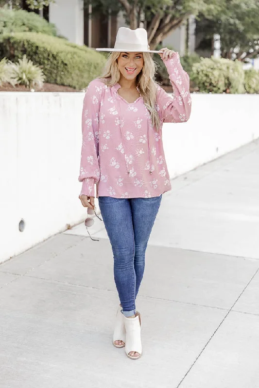 Get A Feeling Pink Floral Notched Neck Blouse