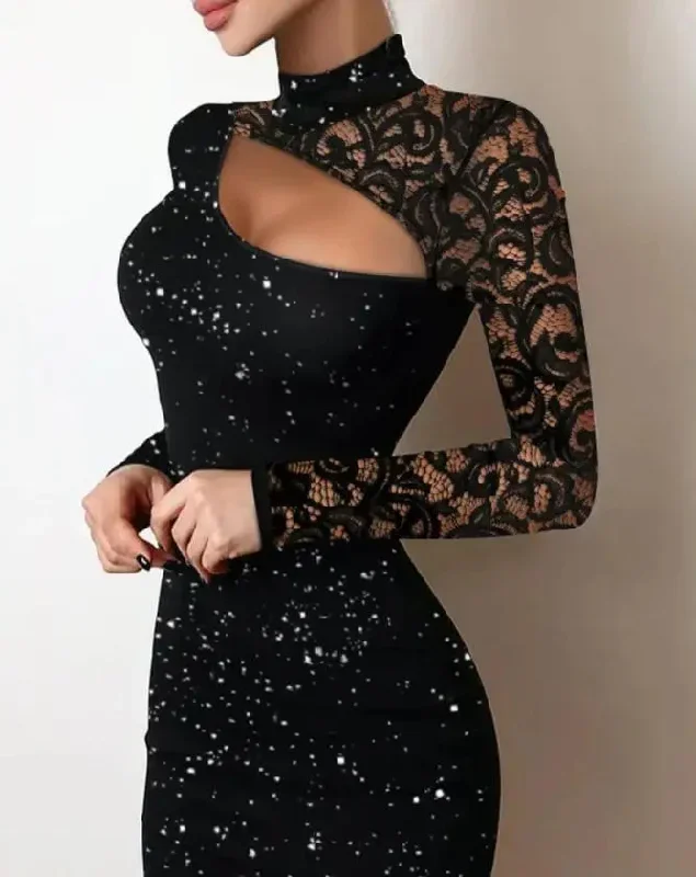 getadme-elegant-women-dresses-2022-summer-fashion-glitter-contrast-lace-sexy-cutout-plain-mock-neck-long-sleeve-skinny-mini-party-dress