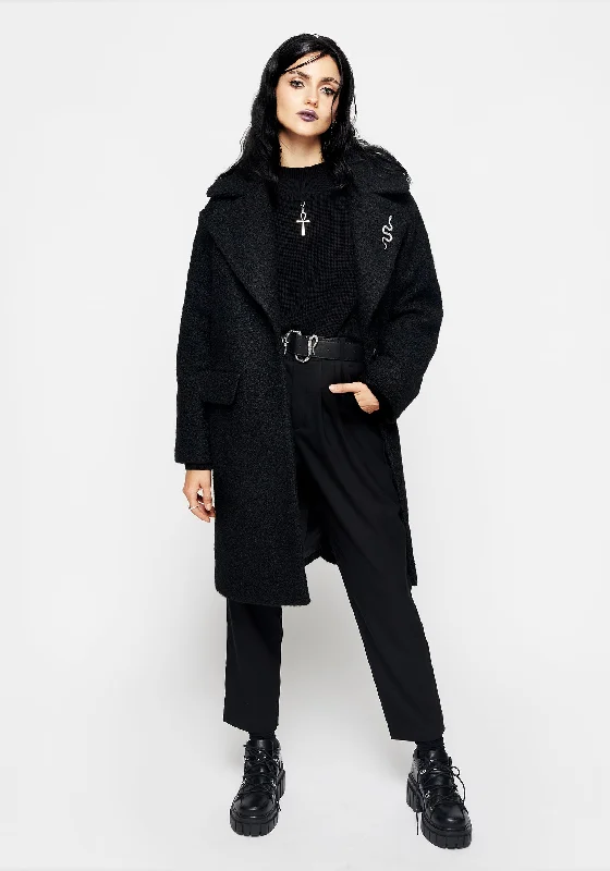 Gorgon Bouclé Oversized Coat with Snake Brooch - Black