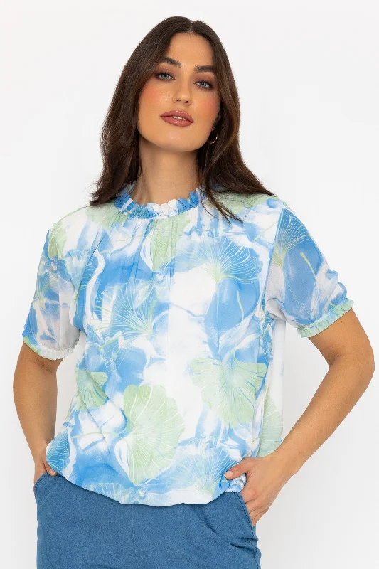 High Neck Top in Blue Print