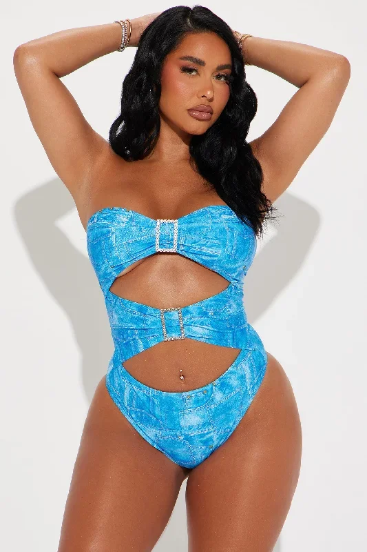 Kleo Rhinestone Buckle 1 Piece Swimsuit - Denim