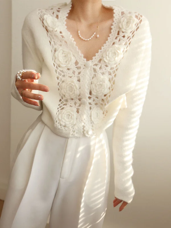 Knit Floral Crocheted Hollow V-neck Cardigan