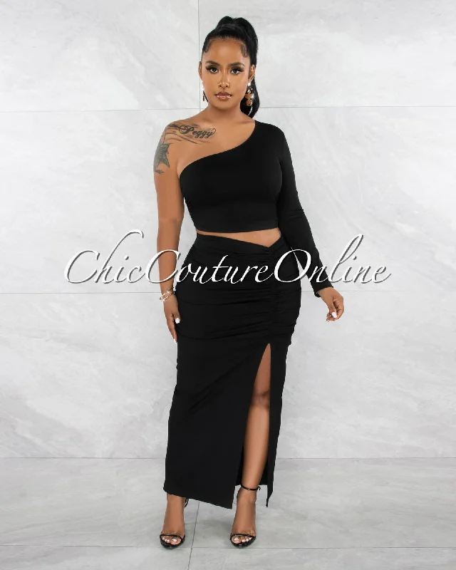 kranie-black-single-shoulder-crop-top-ruched-maxi-skirt-set