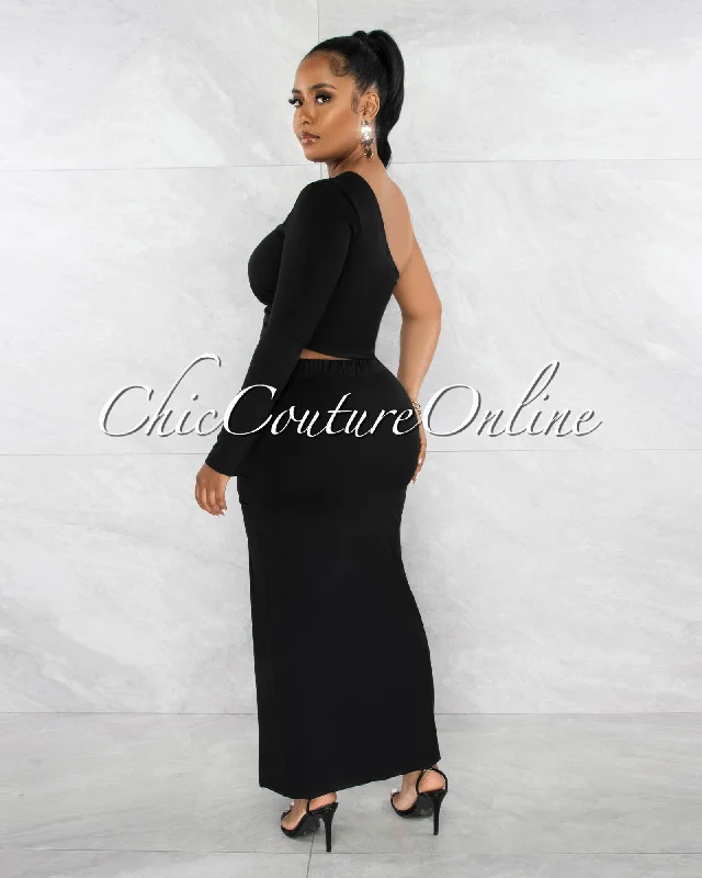 kranie-black-single-shoulder-crop-top-ruched-maxi-skirt-set