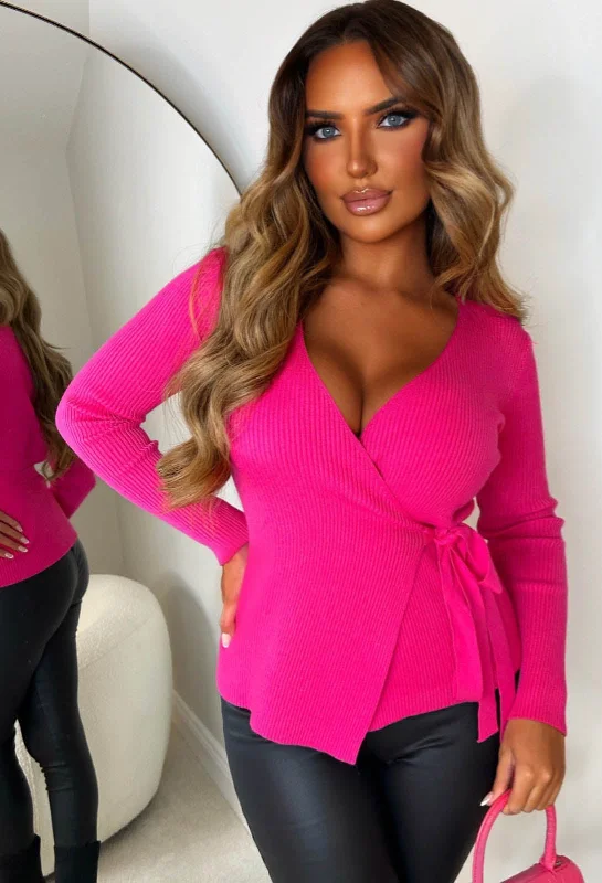 Lucky Charm Hot Pink Tie Waist Wrap Knitted Jumper