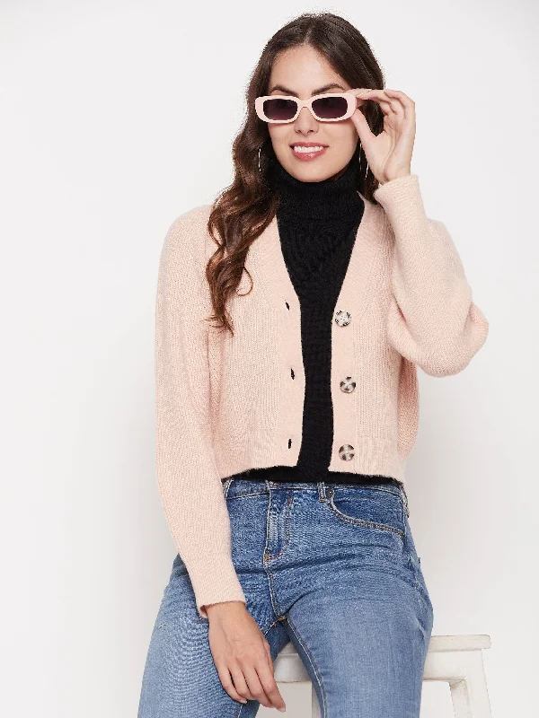 Madame Solid Peach V-Neck Crop Cardigan