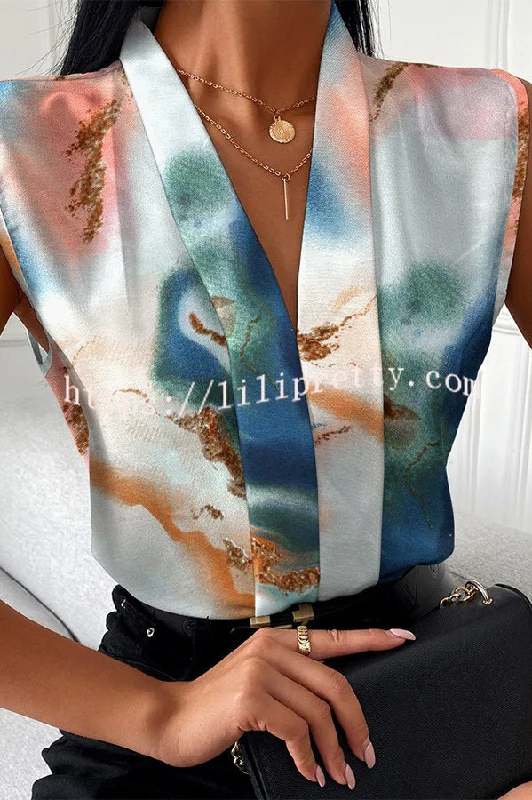 Lilipretty Marble / Abstract Print V-Neck Casual Top