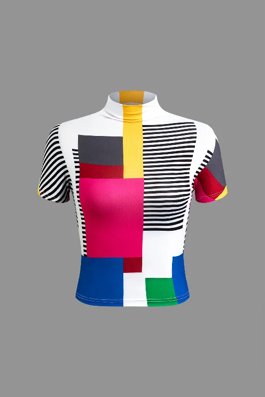 Color Block Patchwork Mock Neck T-shirt