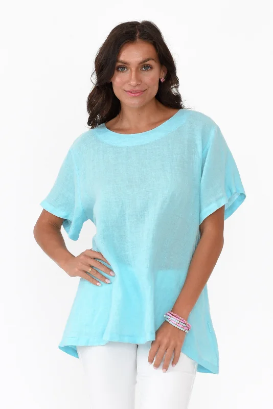 Micah Blue Linen Scoop Neck Top