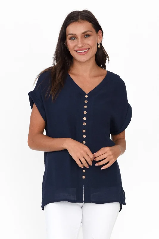 Miray Navy Cotton Blend Button Top