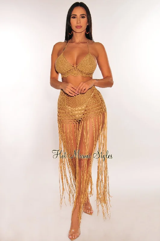 Mocha Crochet Halter V Neck Fringe Cover Up Skirt Two Piece Set