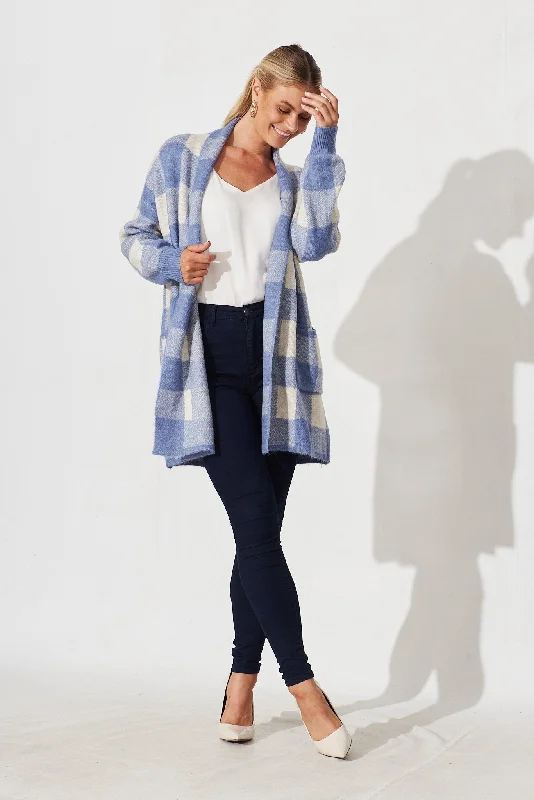 Morden Knit Cardigan In Blue Gingham Wool Blend