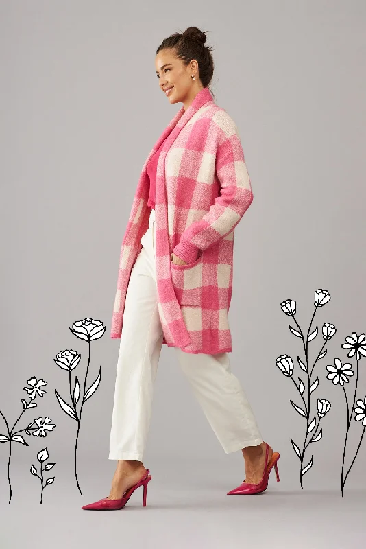 Morden Knit Cardigan In Pink Gingham Wool Blend