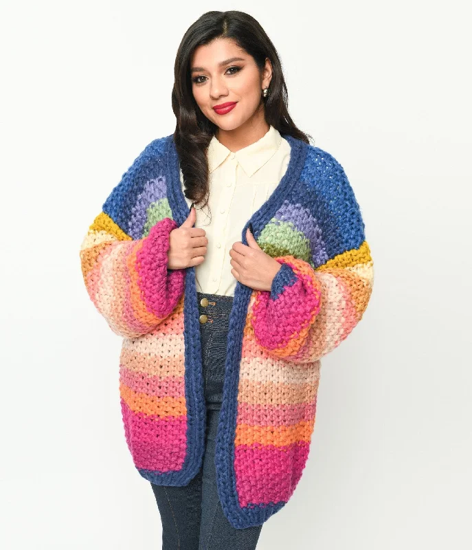 Navy & Multicolor Striped Crochet Knit Open Cardigan