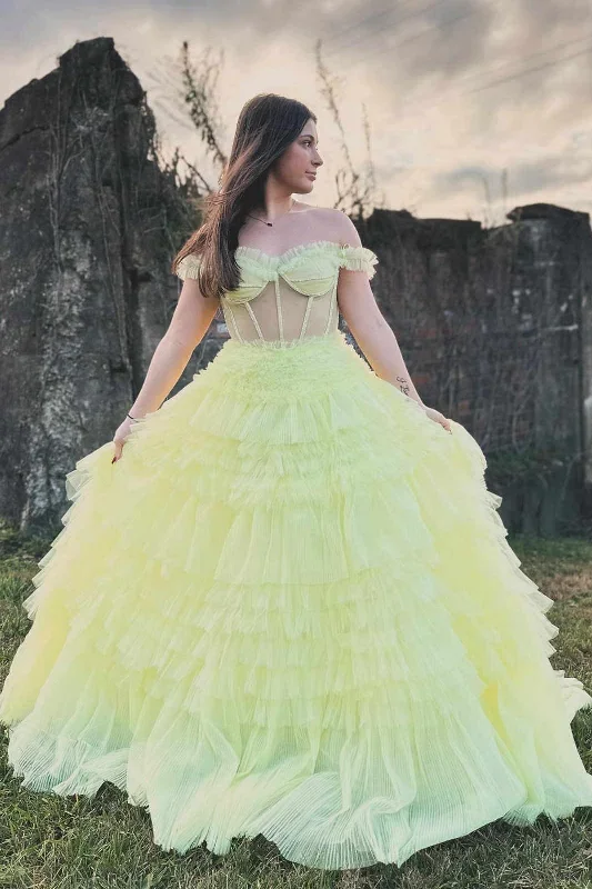 off-the-shoulder-light-yellow-ruffle-layered-prom-dress