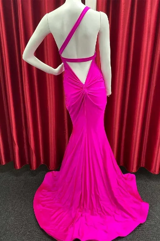 one-shoulder-hot-pink-twist-back-mermaid-long-prom-dress