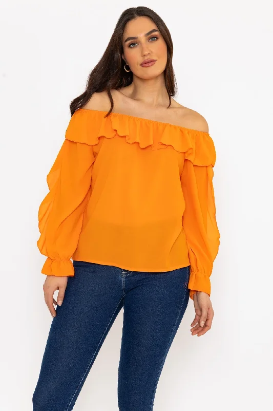 Orange Bardot Frill Top