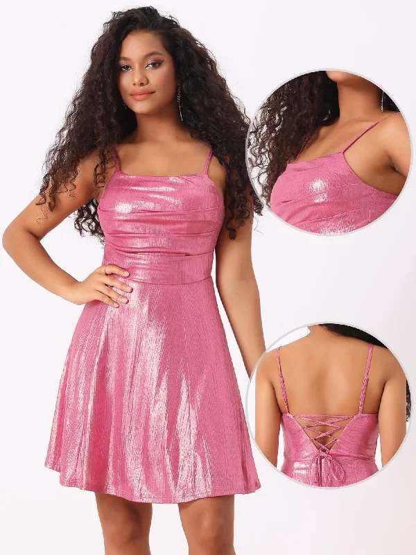 Sparkly Metallic Spaghetti Strap A-line Backless Mini Skater Dress