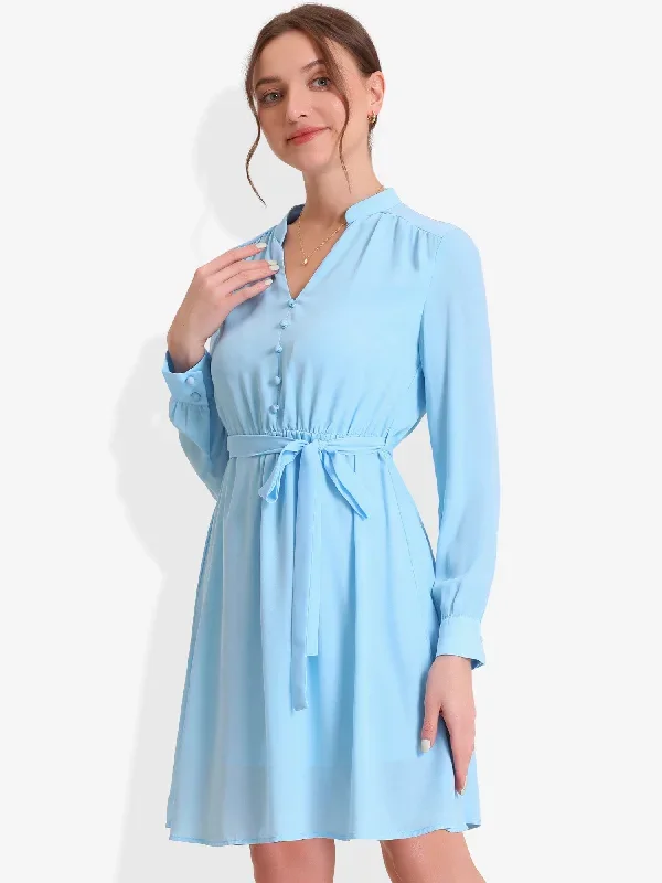 Chiffon Stand Collar V Neck Button Decor Long Sleeve Belted Dress