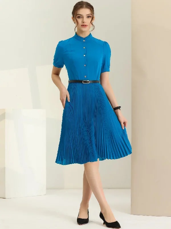 Short Sleeve Ruffle Stand Neck Belted Waist Pleated A Line Midi Dress