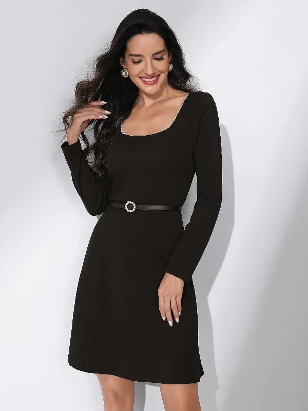 Scoop Neck Beaded Long Sleeve High Waist Elegant Flared Dress