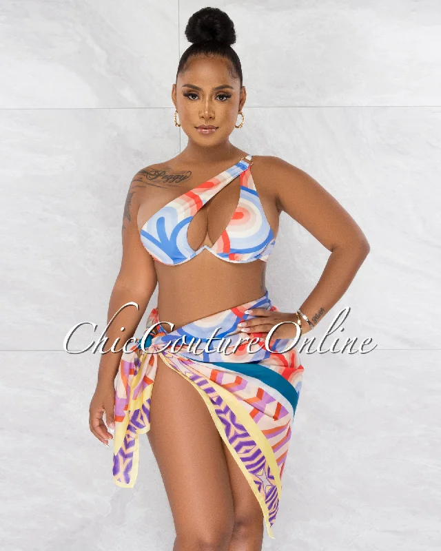 Paladi Orange Blue Abstract Print 3 Piece Bikini & Pareo Set