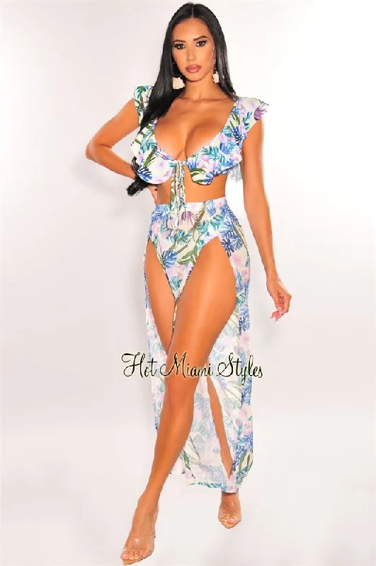 Palm Print Padded Ruffle Bikini Double Slit Skirt Three Piece Set