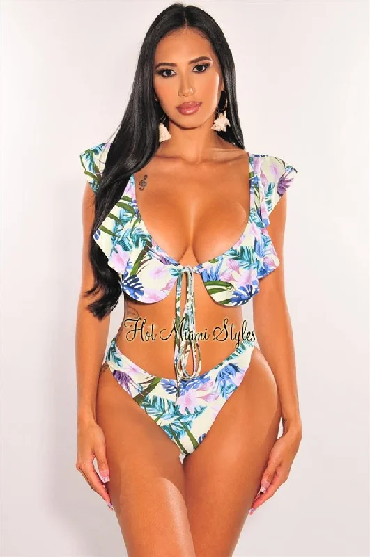 palm-print-padded-ruffle-bikini-double-slit-skirt-three-piece-set