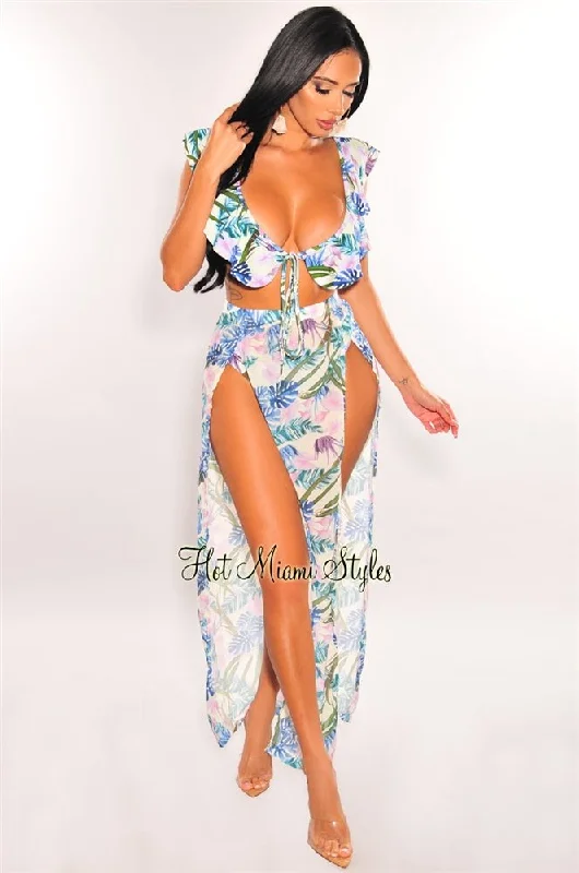 palm-print-padded-ruffle-bikini-double-slit-skirt-three-piece-set