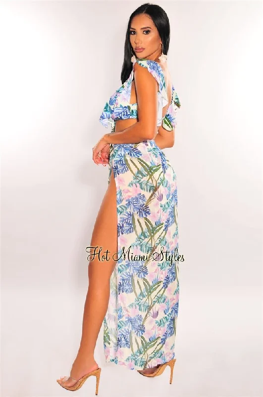 palm-print-padded-ruffle-bikini-double-slit-skirt-three-piece-set