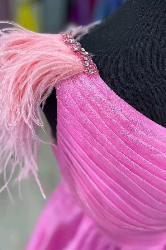 pink-feather-one-shoulder-ruching-a-line-long-prom-dress