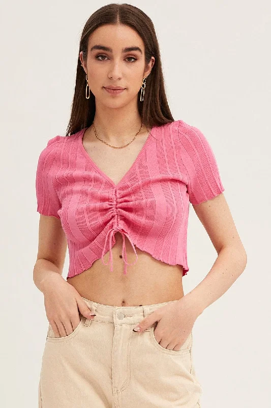 Pink Short Sleeve Ruched Knit Top