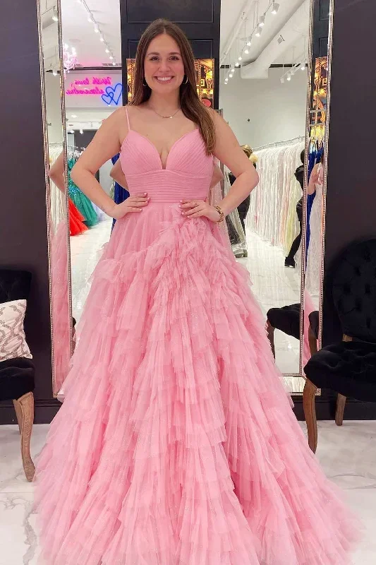 Pink Tulle High-Waist Tiered Long Prom Dress with Ruffles