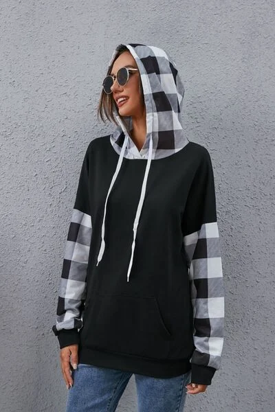 plaid-drawstring-dropped-shoulder-hoodie