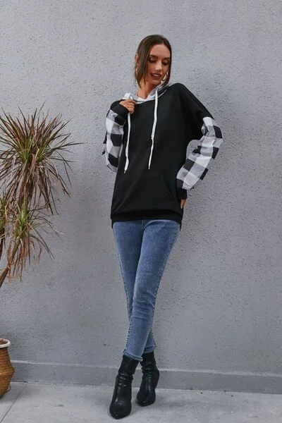 plaid-drawstring-dropped-shoulder-hoodie