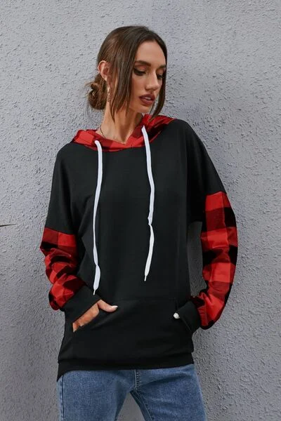 plaid-drawstring-dropped-shoulder-hoodie