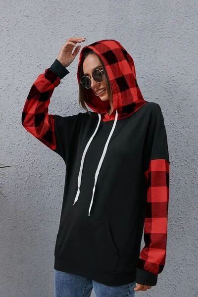 plaid-drawstring-dropped-shoulder-hoodie