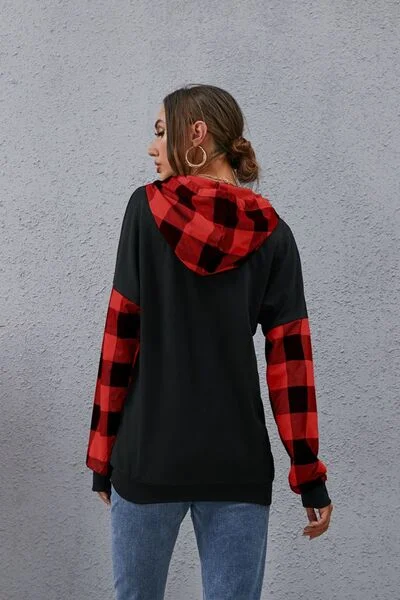 plaid-drawstring-dropped-shoulder-hoodie