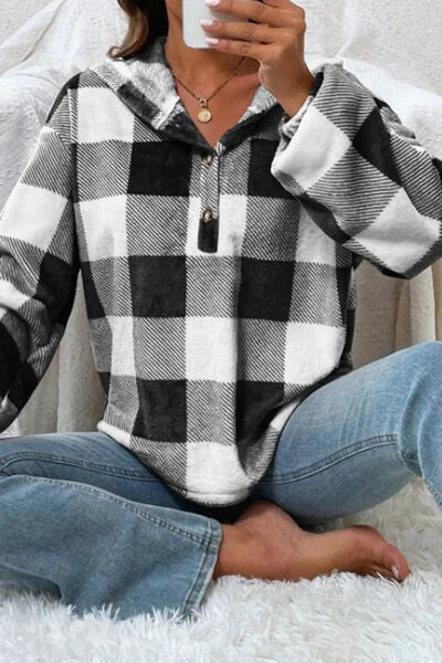 plaid-quarter-button-dropped-shoulder-hoodie