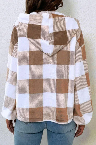 plaid-quarter-button-dropped-shoulder-hoodie