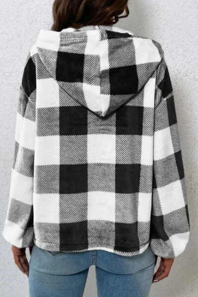 plaid-quarter-button-dropped-shoulder-hoodie