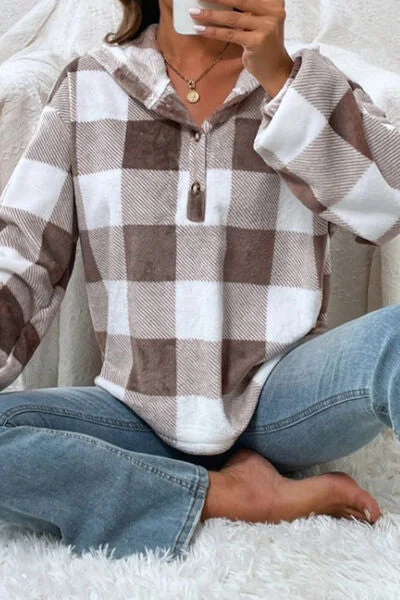 plaid-quarter-button-dropped-shoulder-hoodie