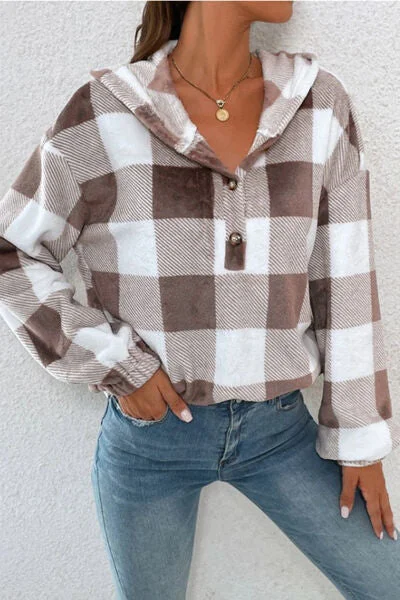 plaid-quarter-button-dropped-shoulder-hoodie