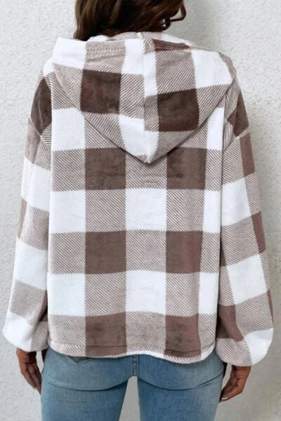 plaid-quarter-button-dropped-shoulder-hoodie