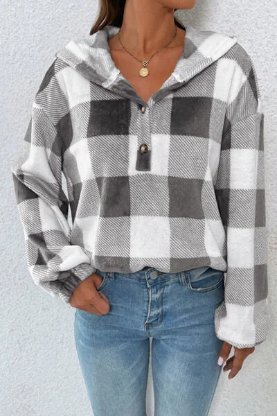 plaid-quarter-button-dropped-shoulder-hoodie