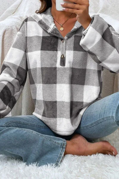 plaid-quarter-button-dropped-shoulder-hoodie