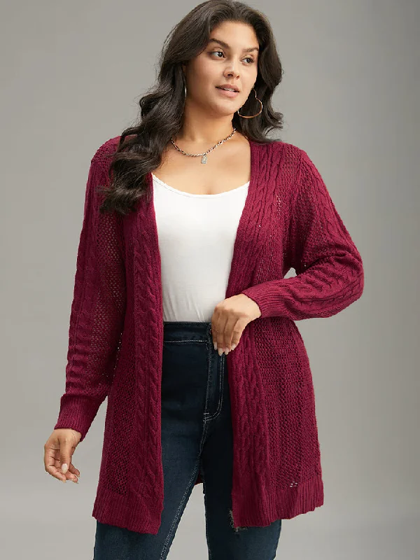 Plain Cable Knit Eyelet Open Front Cardigan